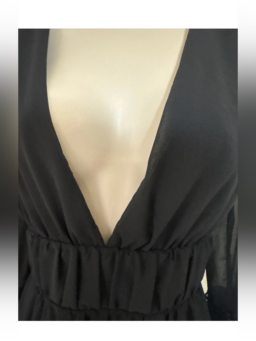Women’s Black Plunging Neck Frill Ruffle Hem Chiffon Dress Size XL - Picture 8 of 16